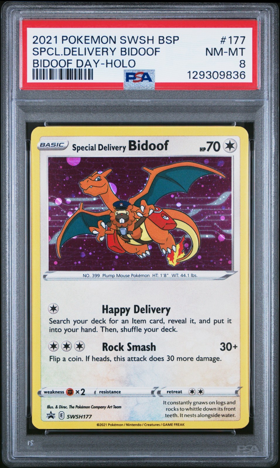 2021 POKEMON SWSH BLACK STAR PROMO #177 SPCL.DELIVERY BIDOOF BIDOOF DAY PSA 8 2021 POKEMON SWSH BLACK STAR PROMO #177 SPCL.DELIVERY BIDOOF BIDOOF DAY PSA 8