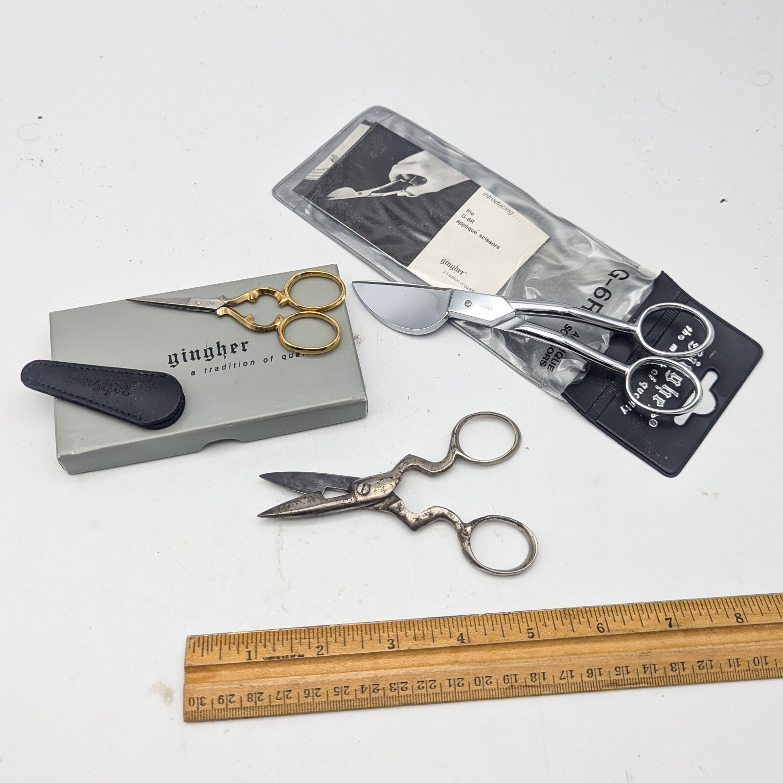 Vtg Gingher Applique Embroidery Shears Scissors Lot G-6R G-CS-2 + Button Hole Vtg Gingher Applique Embroidery Shears Scissors Lot G-6R G-CS-2 + Button Hole