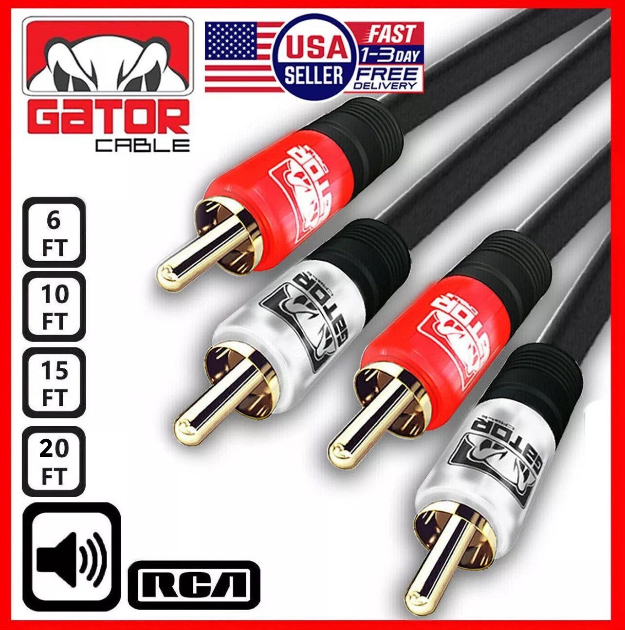 2-RCA to 2-RCA Cable Male Stereo Audio Patch Coaxial Cord L/R Gold Plated Plug
