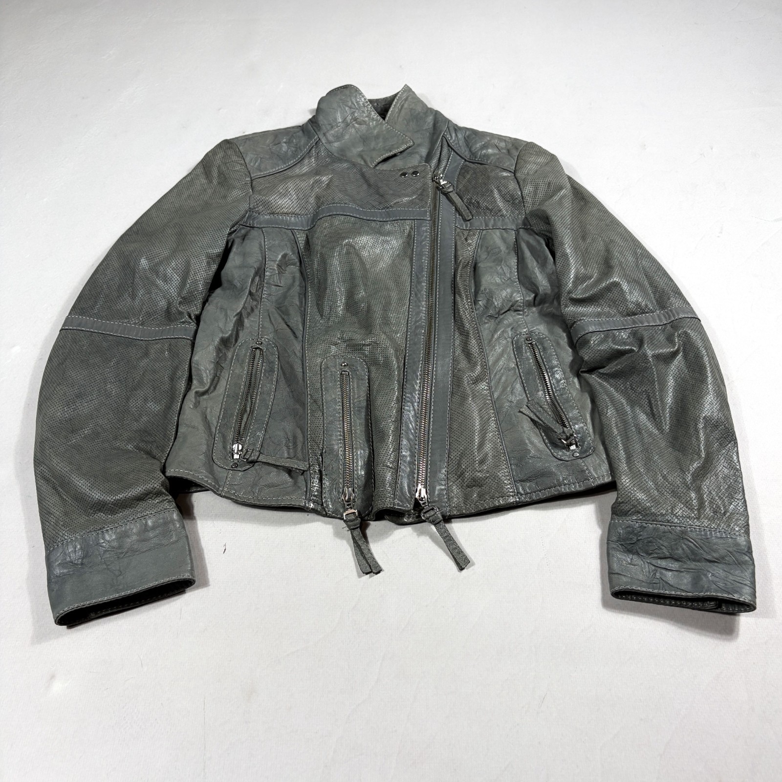 Vintage CRISCA Real Leather Biker Jacket Women\'s Small Gray Asymmetrical Zip Y2K