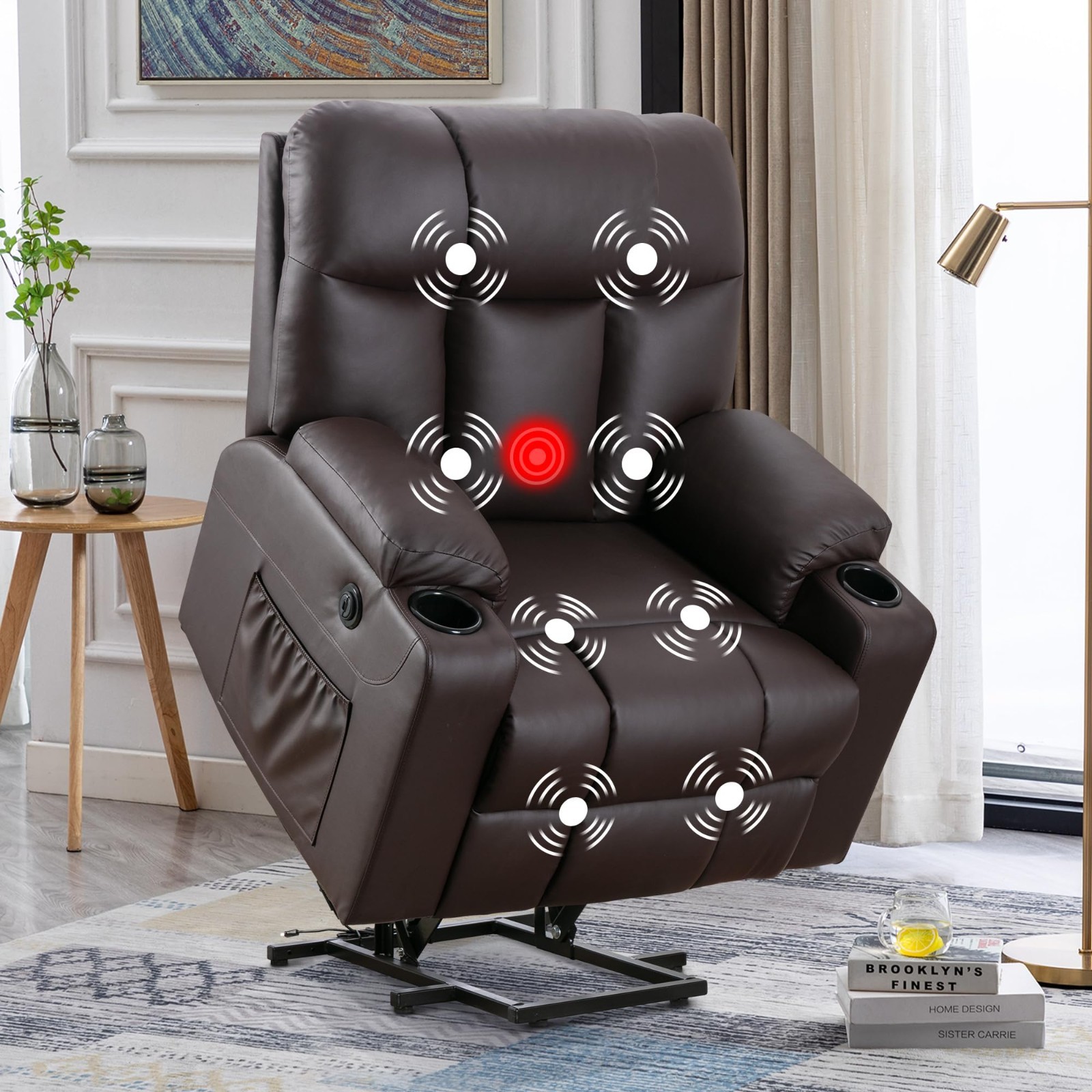 Canmov Power Lift Recliner Chair, Oversized Faux Leather Chair w/ Heat & Massage