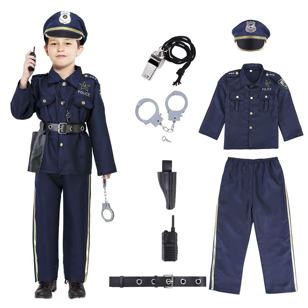 Kids Police Officer Costume Role Play Kit Hat Badge Belt Handcuffs Size S 5-7