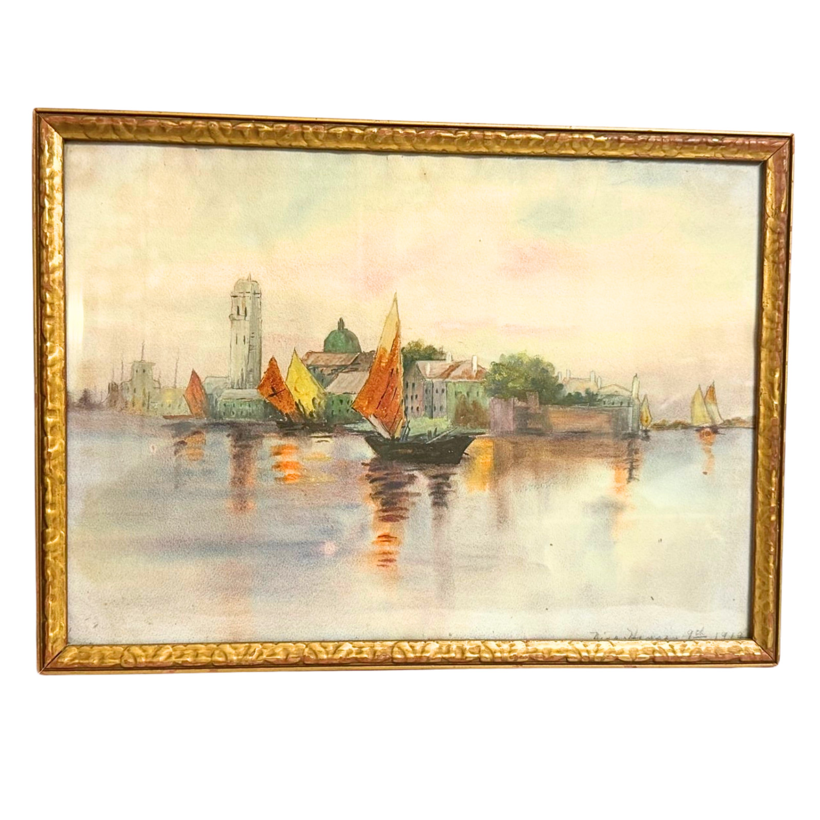 Antique 1919 Watercolor Painting Signed Original Venetian Style Harbor Sailboats