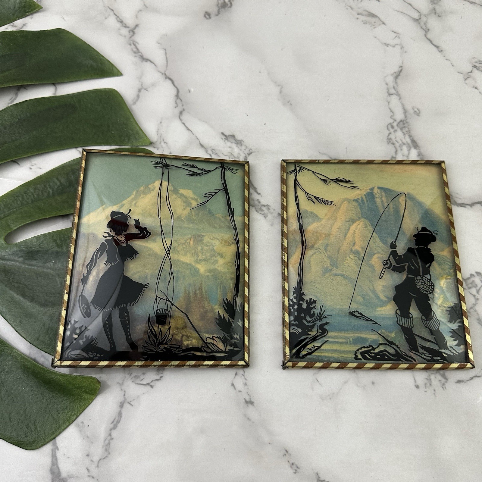 Vintage Mid Century Bubble Silhouette Art Set Pair Fishing Camping Man Woman Vintage Mid Century Bubble Silhouette Art Set Pair Fishing Camping Man Woman