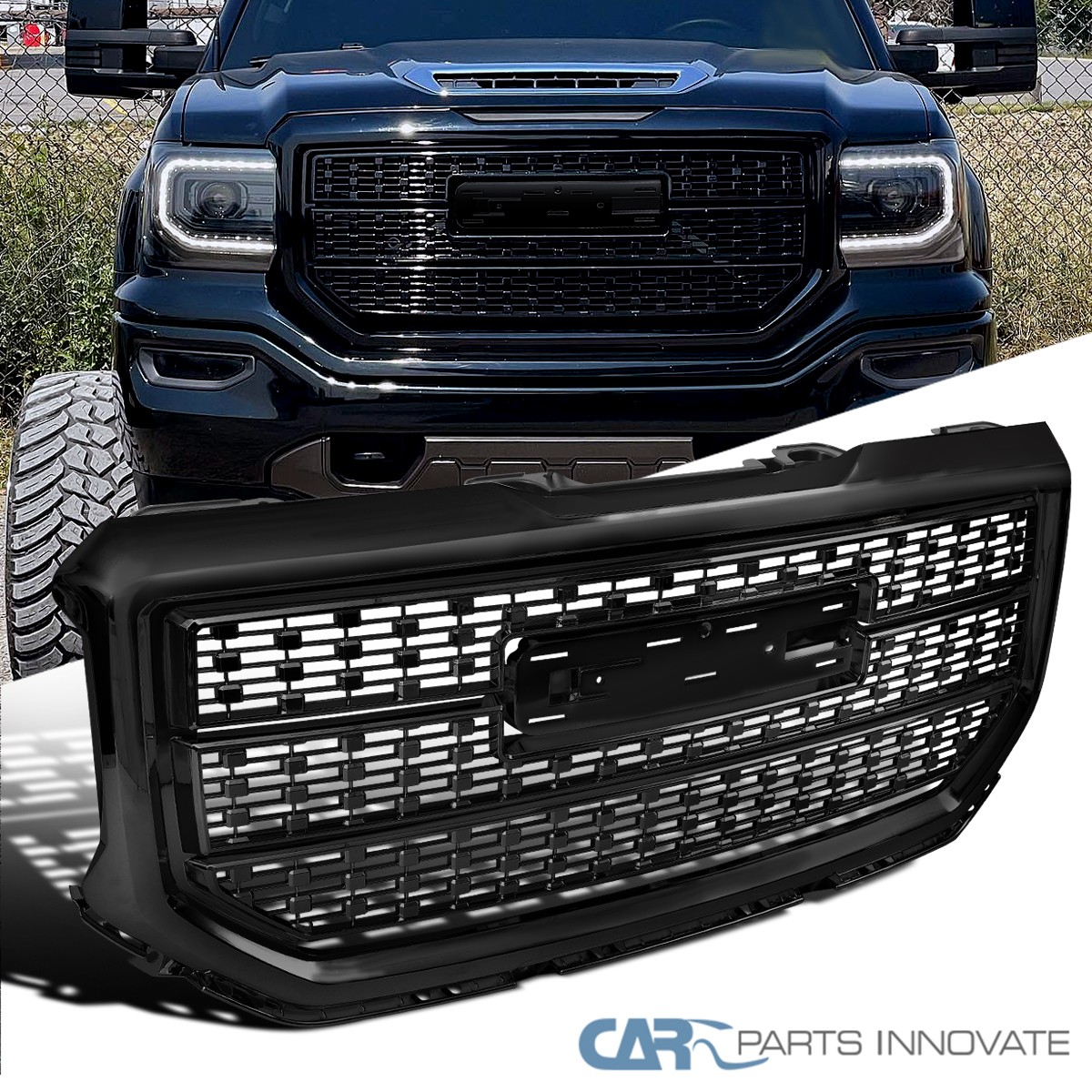 Fit 2016-2018 GMC Sierra 1500 Glossy Black Denali Style Front Bumper Hood Grille