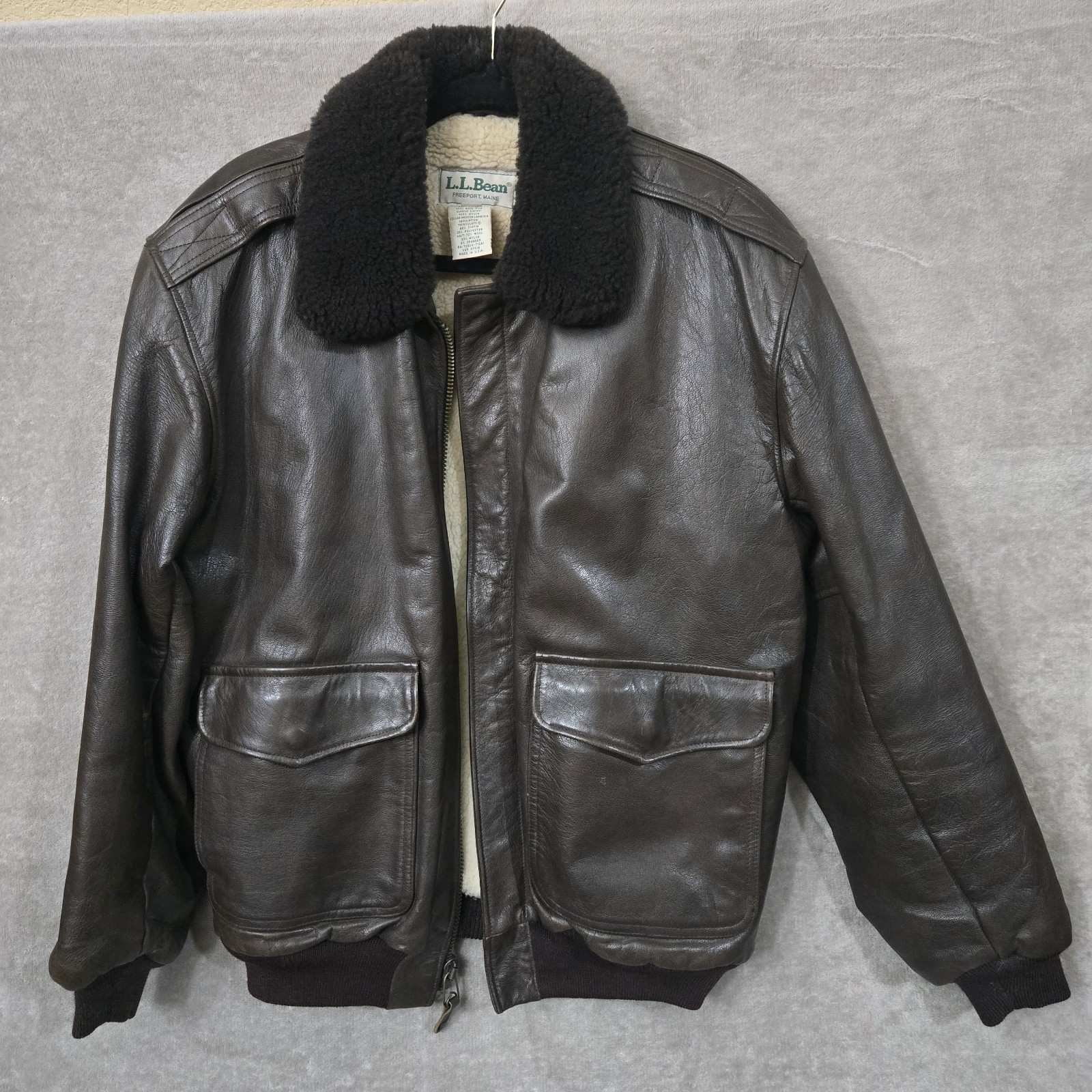 Vtg L.L. Bean Leather Flight Jacket Shearling Wool Brown Medium USA *READ BELOW*