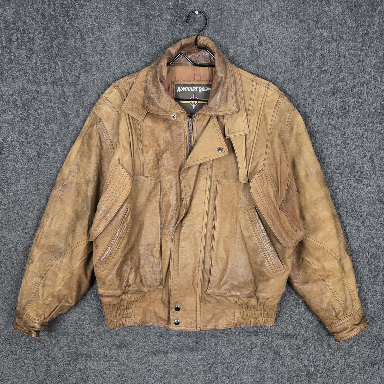 Vintage Adventure Bound Leather Jacket Mens Large Bomber Distressed Full Zip 90s