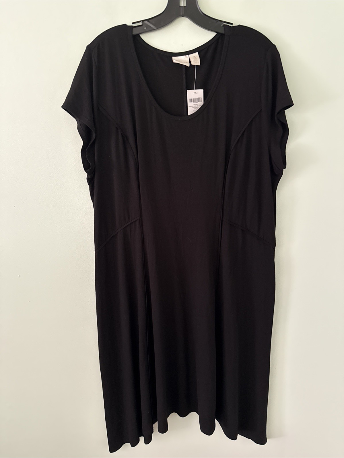 Chicos Sydney Seamed Short Sleeve Dress Size 3 Black Stretch Lagenlook New