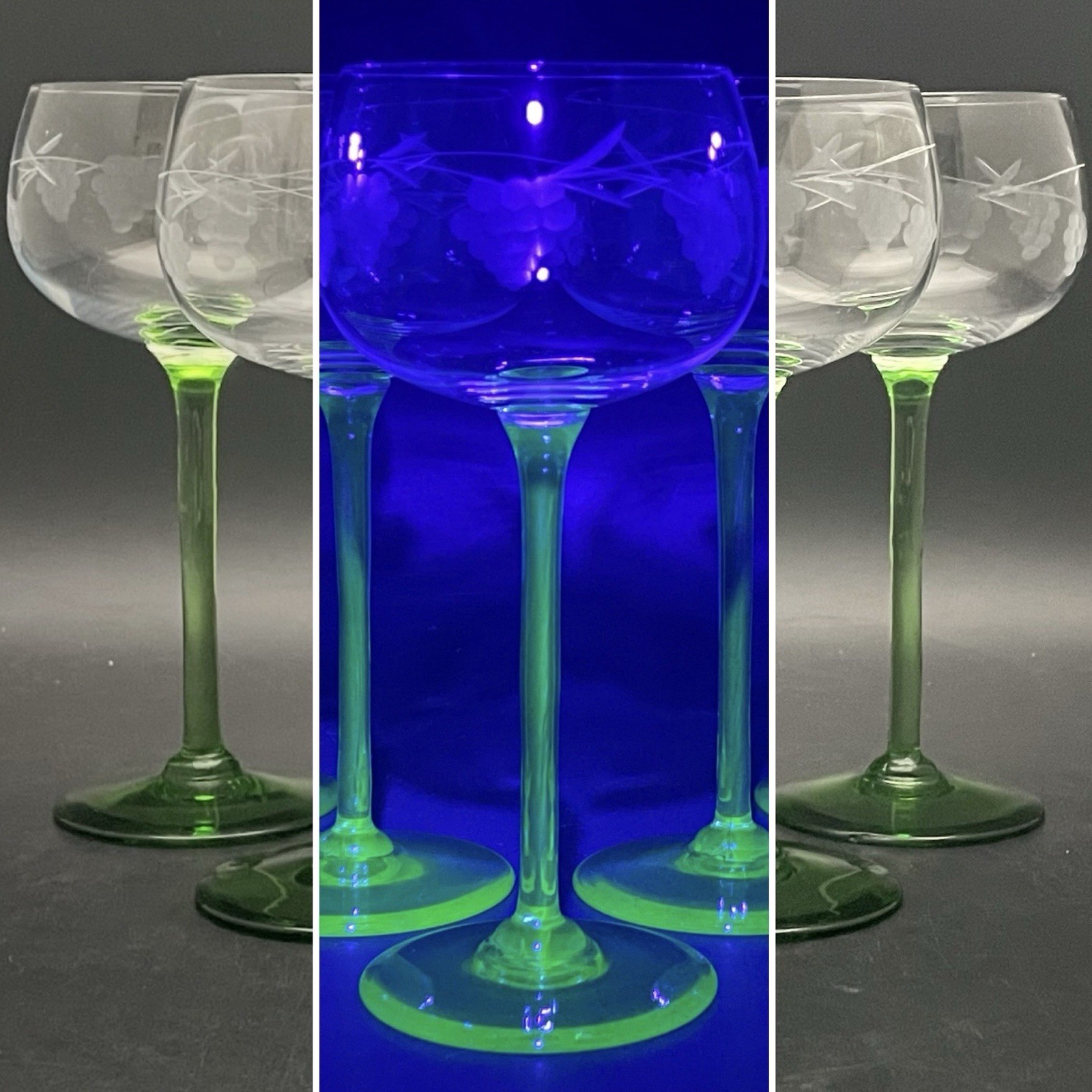 Uranium Glass 5pc Grape Cluster Etched Crystal Wine Glasses c1930s USA 6.5\