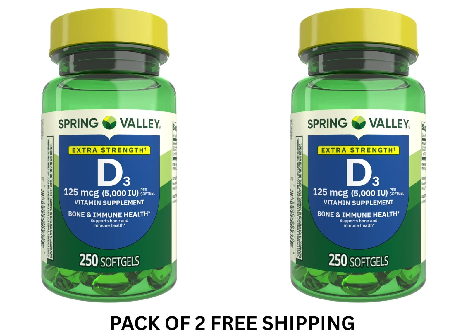 2 Pack Spring Valley Vitamin D3 Softgels, 125 mcg per Softgel, 5,000 IU, 250 Ct 2 Pack Spring Valley Vitamin D3 Softgels, 125 mcg per Softgel, 5,000 IU, 250 Ct