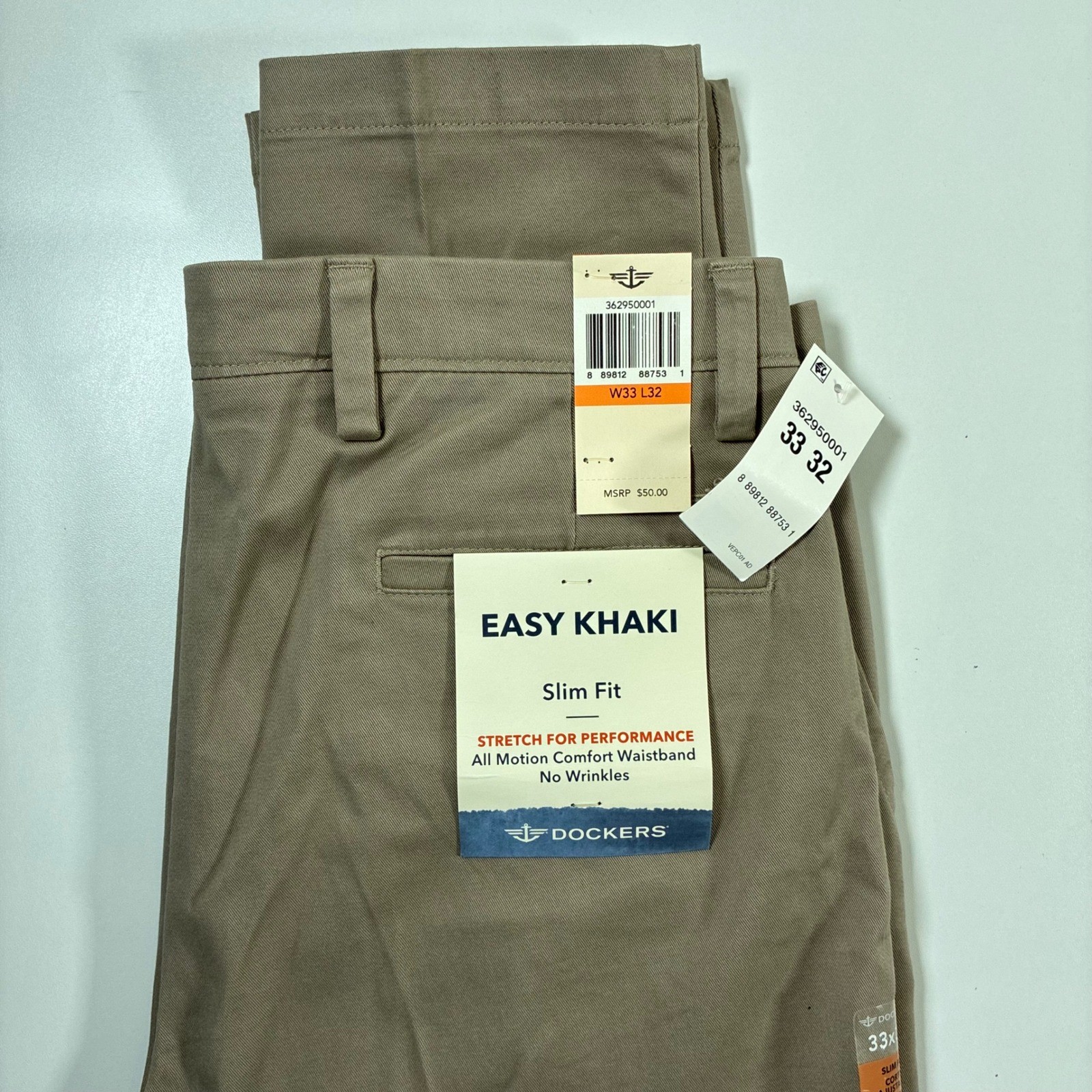 NEW Dockers Easy Khaki Pants 33x32 Tan Slim Fit Stretch All Motion Comfort