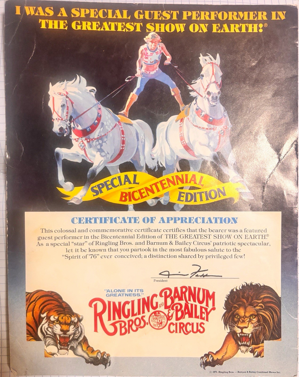 Ringling Bros. and Barnum & Bailey Signed 1975 Bicentennial Certificate