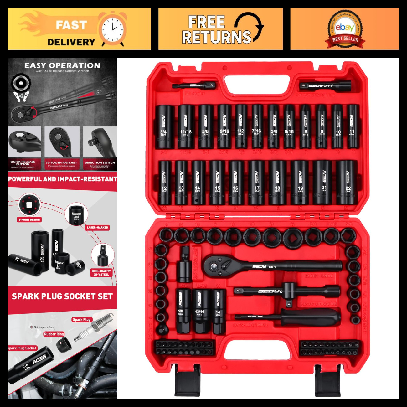 96-Piece Impact Socket Wrench Set - SAE & Metric, Deep/Standard Sockets, Ratchet