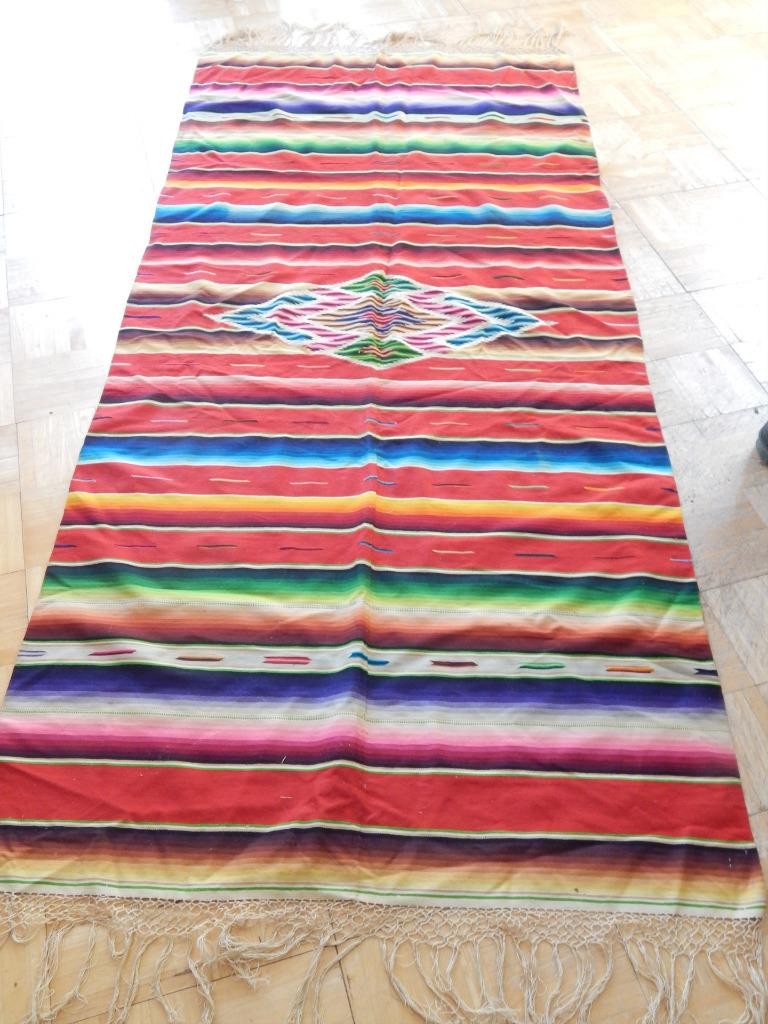 LARGE 37x81 VINTAGE MEXICAN SILK CENTER SALTILLO WOOL SERAPE BLANKET WEAVING