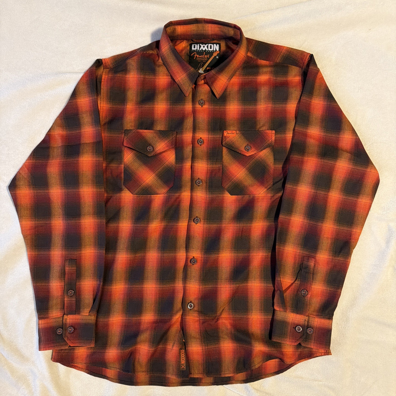 Dixxon Fender Stratocaster 70th Anniv Flannel Shirt Mens XL Orange Black VGUC