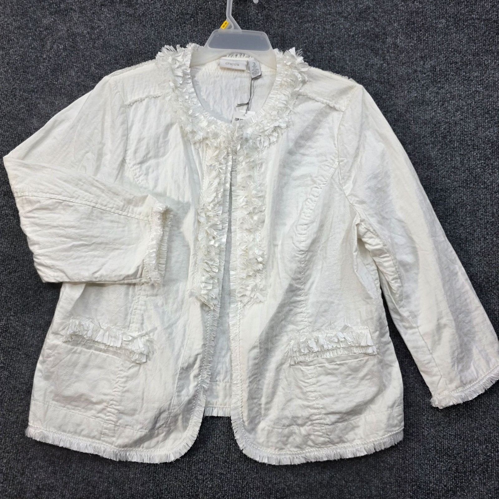 Chico\'s Linen Cotton Fringe Open Front Jacket Sz 3 White Quiet Luxury Clean Girl