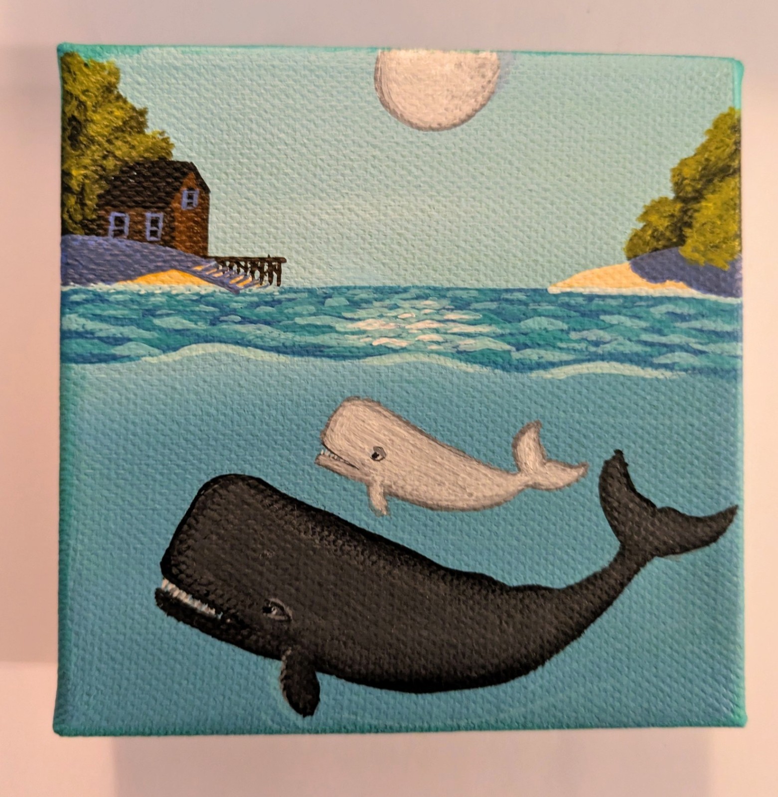 ORIGINAL Painting Folk Art Whale Baby White Nantucket Cape Cod Boathouse Pier 