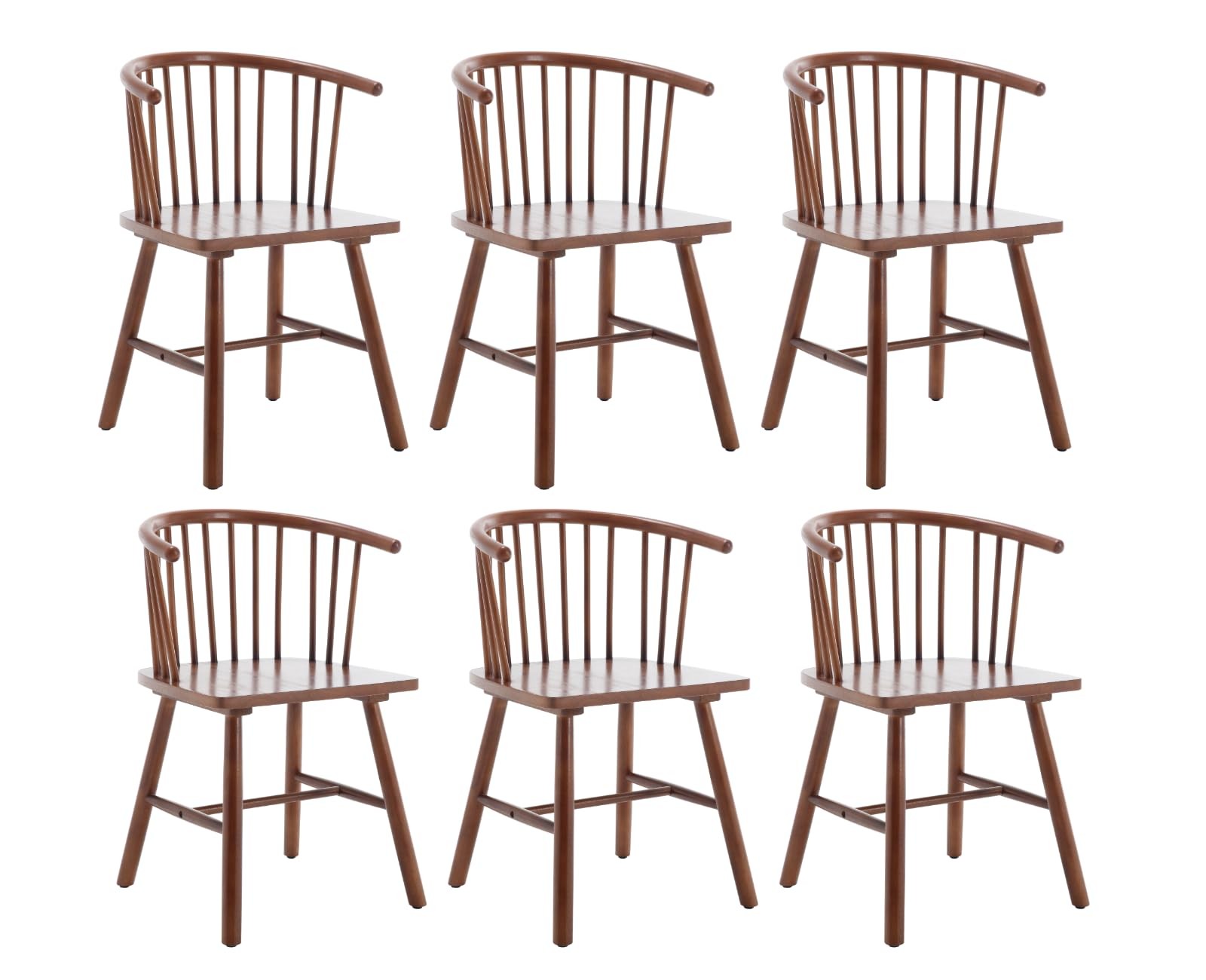 Walnut Dining Chairs Set 6 Farmhouse Spindle Arms Curved Back Windsor Brown