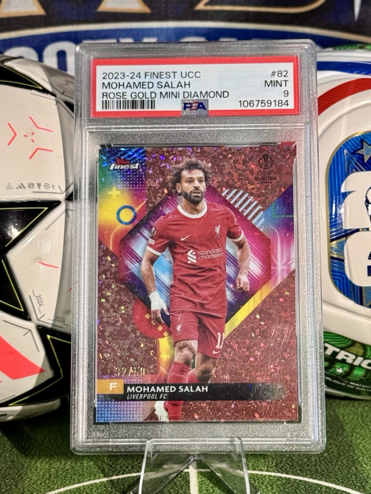 2023-24 Topps Finest UCC Mohamed Salah #82 Rose Gold Mini Diamond PSA 9
