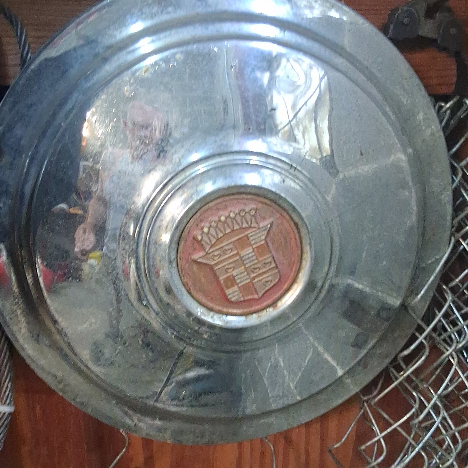 Rare Vintage 1940's Red Crested Cadillac Chrome Hubcap Cover, OEM,