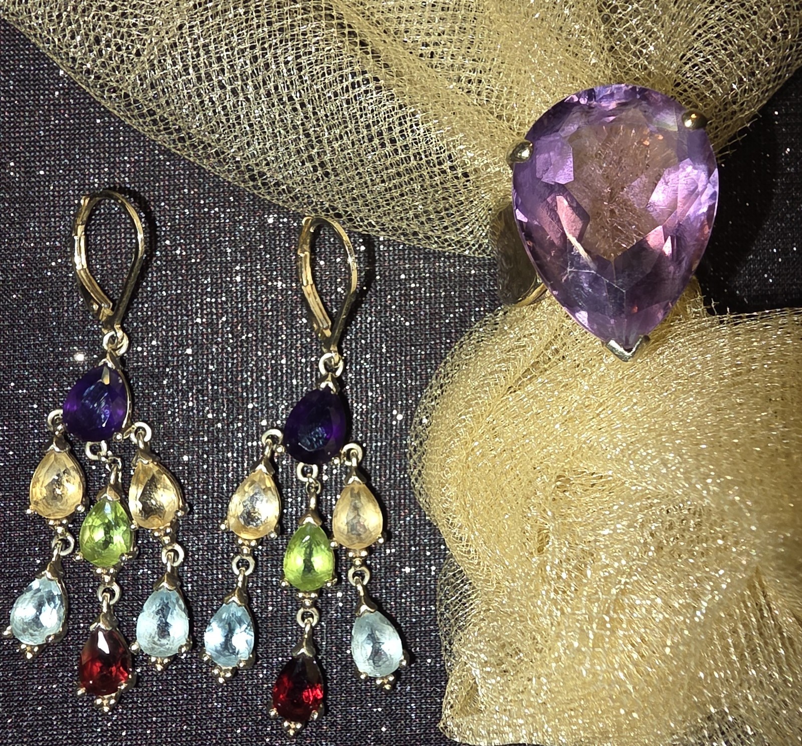 10K Gold Large Stone Amethyst Ring and Multi-Colored Gem Stone Gold Overlay 925 10K Gold Large Stone Amethyst Ring and Multi-Colored Gem Stone Gold Overlay 925
