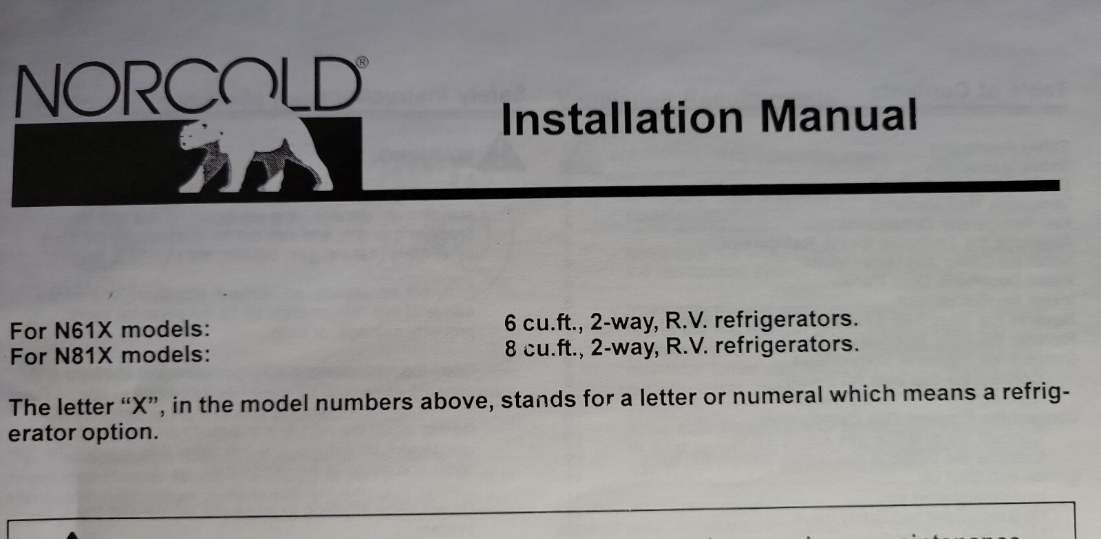Norcold Refrigerator N61X N81X 2-Way RV 110v LP-Gas Installation Manual 6 8 cu f