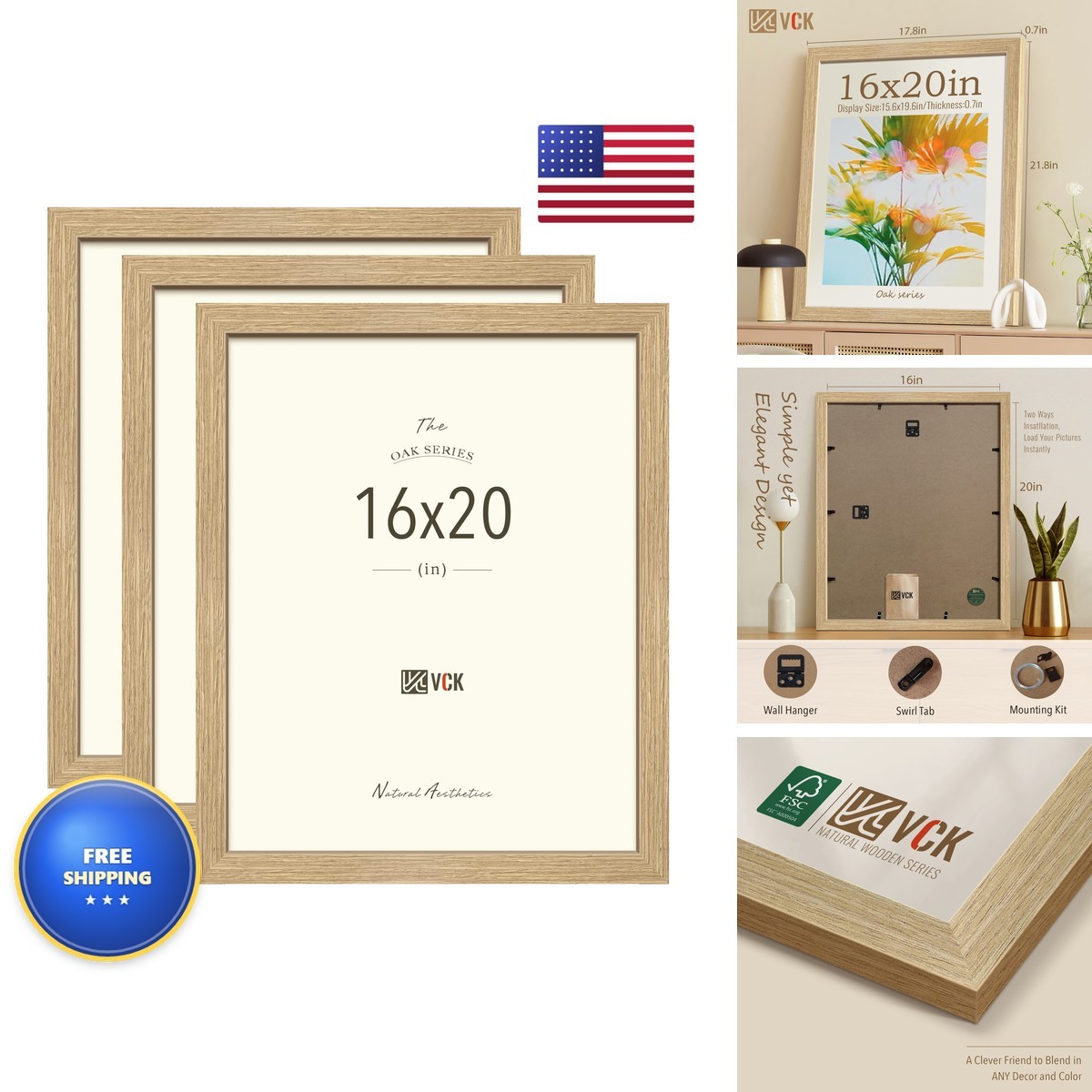 VCK 16x20 Picture Frames 3 Pack Natural Oak Wood Wide Border for Poster VCK 16x20 Picture Frames 3 Pack Natural Oak Wood Wide Border for Poster