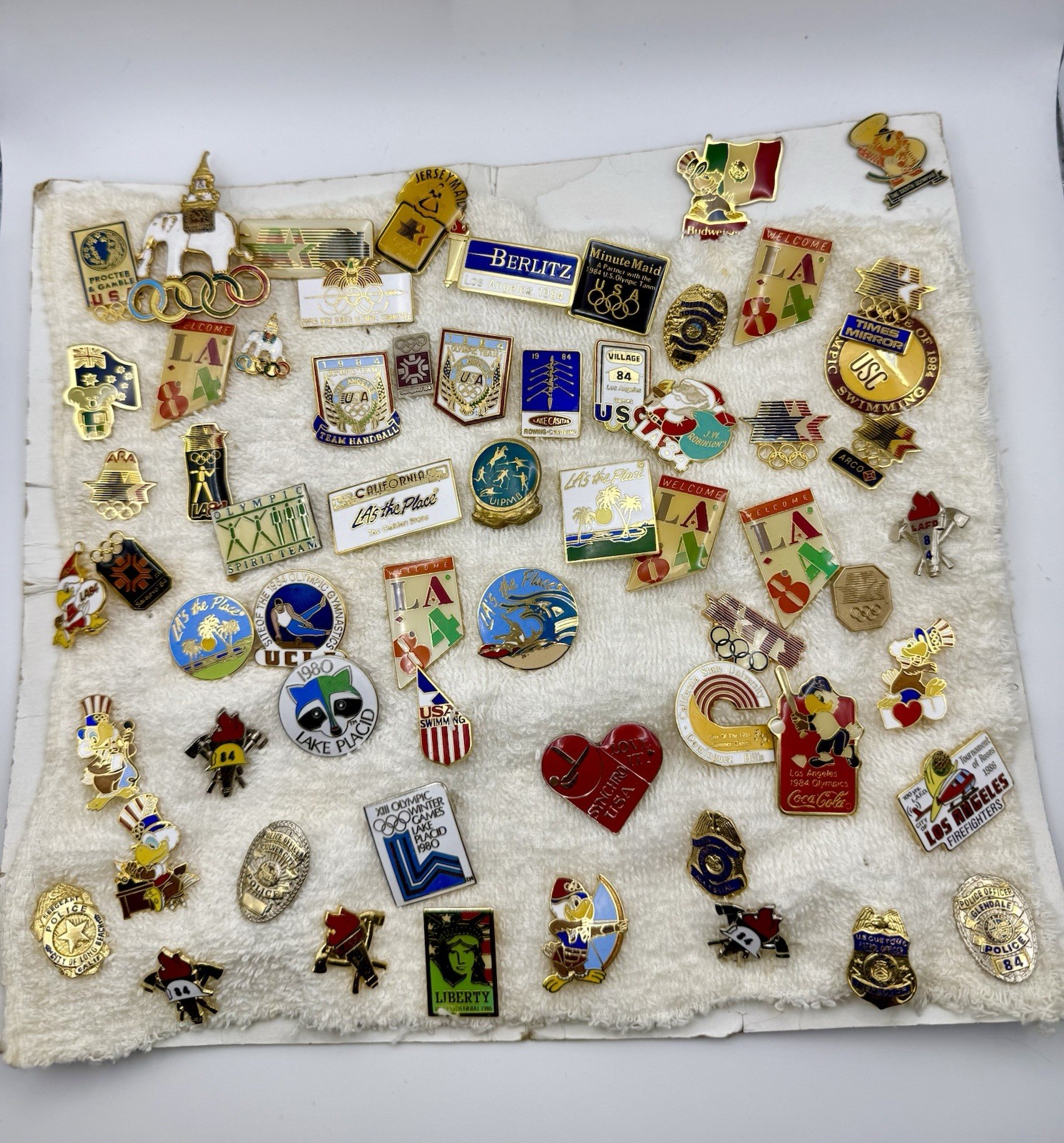 Vintage 1984 LA Olympics Pin Lot ~65 Pins Police Fire LAFD Sponsor Sam Eagle