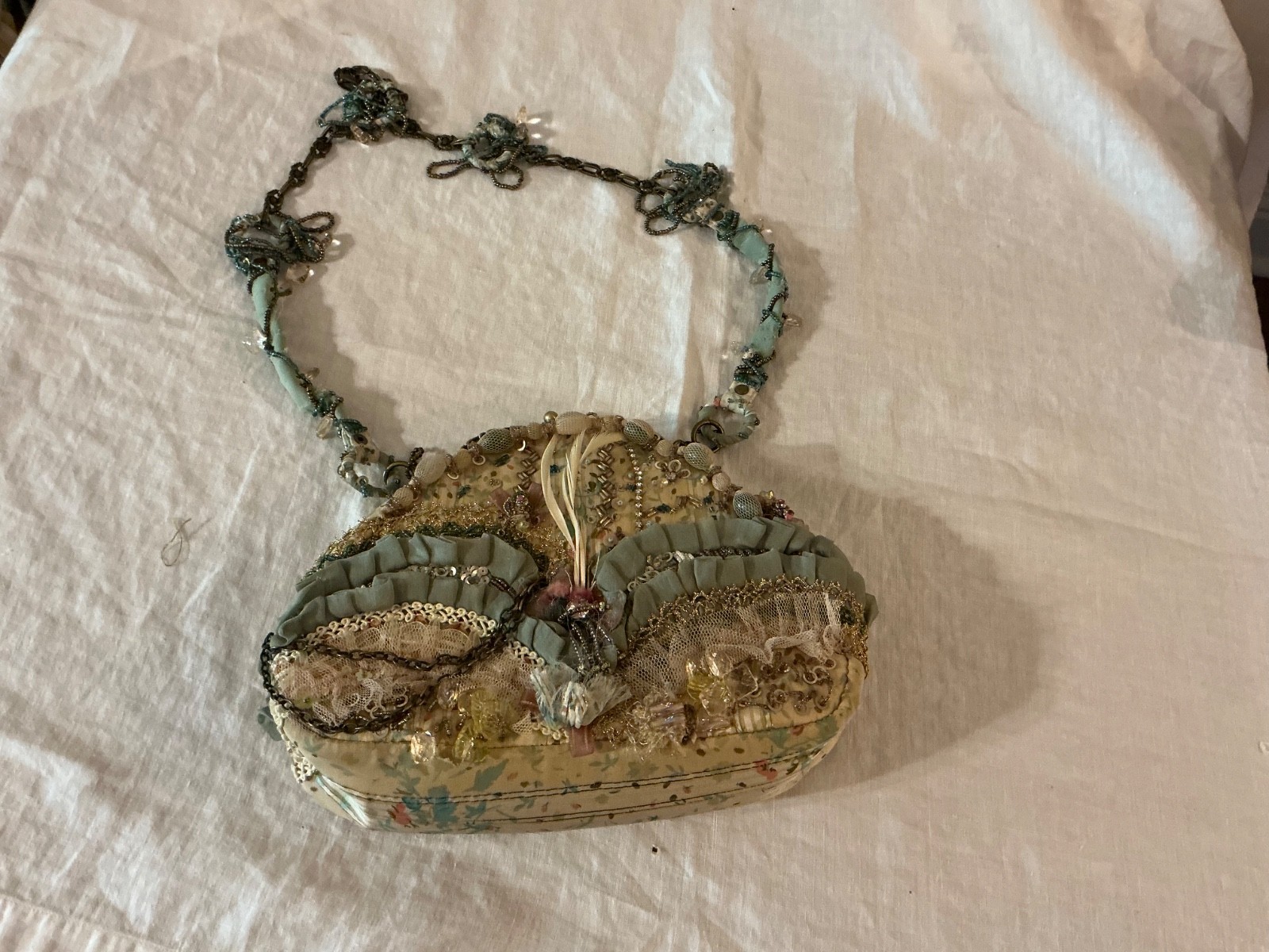 Mary Frances Vintage Embellished Handbag Sage Green Ruffle Lace Cottagecore