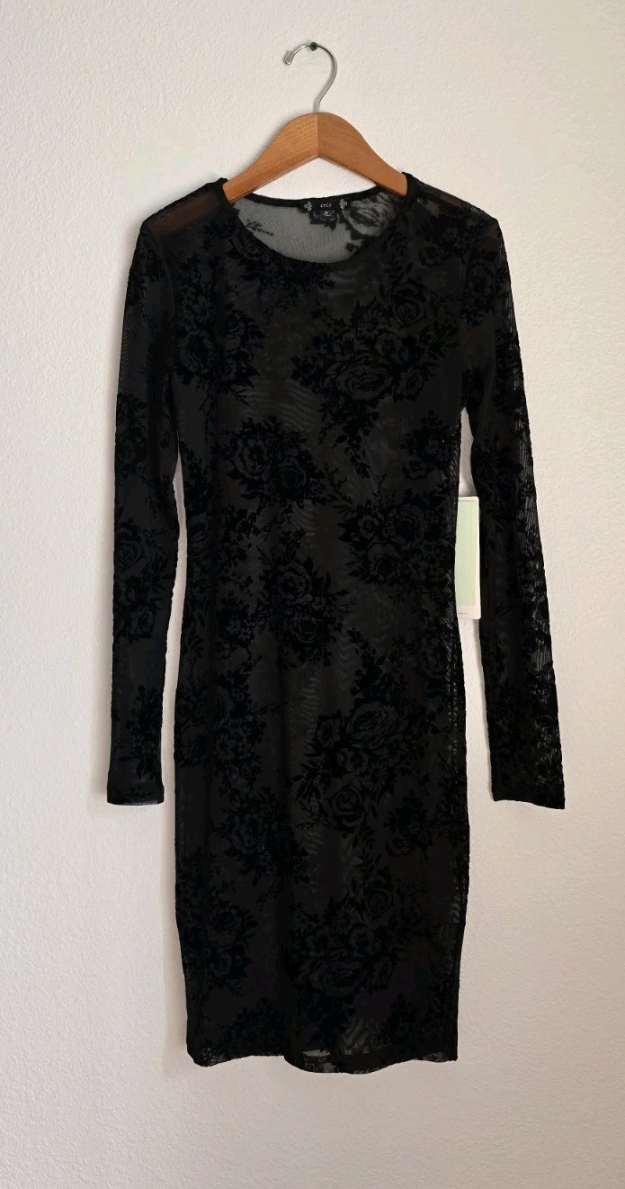 NWT IRIS Sheer Black Lace Overlay Dress Womens Medium Long Sleeves 