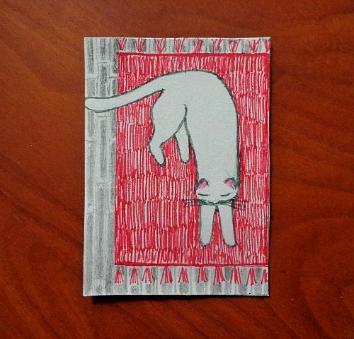 White Cat On House Rug ACEO original watercolor painting Animal Kitty Art