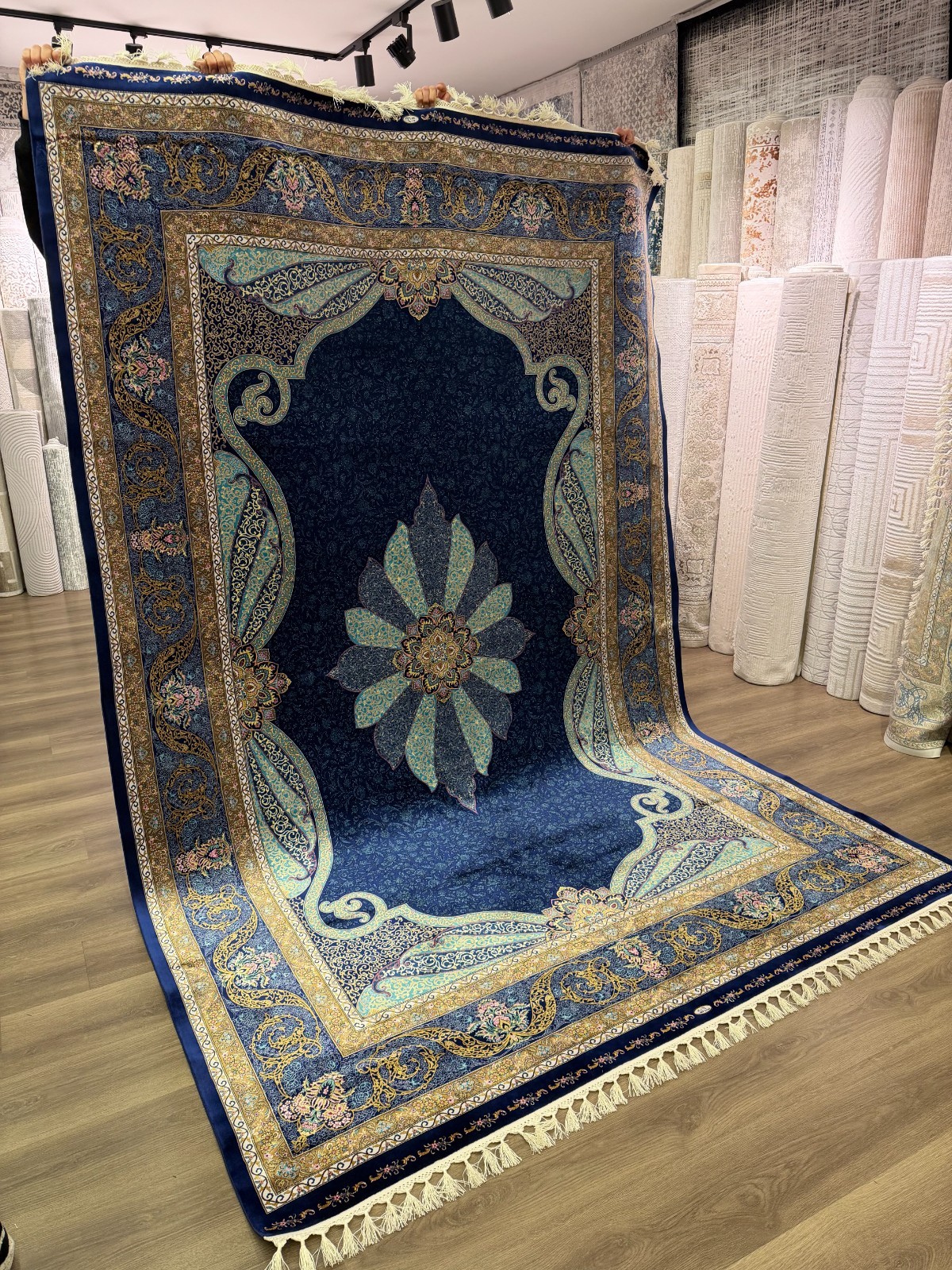 7x10 FT Silk Rug Machine Made Turkish Style Floral Medallion Blue Luxury