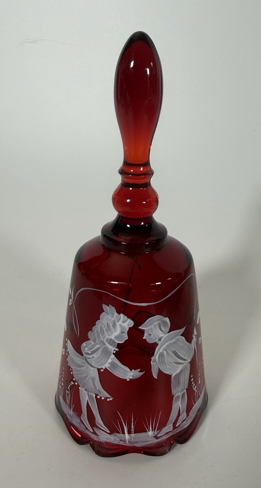 Fenton Ruby Red Glass Mary Gregory Bell Hand Painted Signed D Fredrick Boy Girl Fenton Ruby Red Glass Mary Gregory Bell Hand Painted Signed D Fredrick Boy Girl