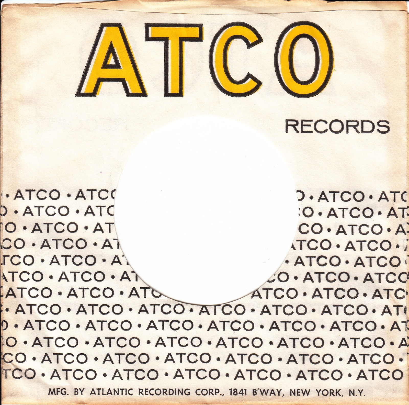 Company Sleeve 45 ATCO - White w/ Black & Yellow Text (1967-1971) ATLANTIC Addrs