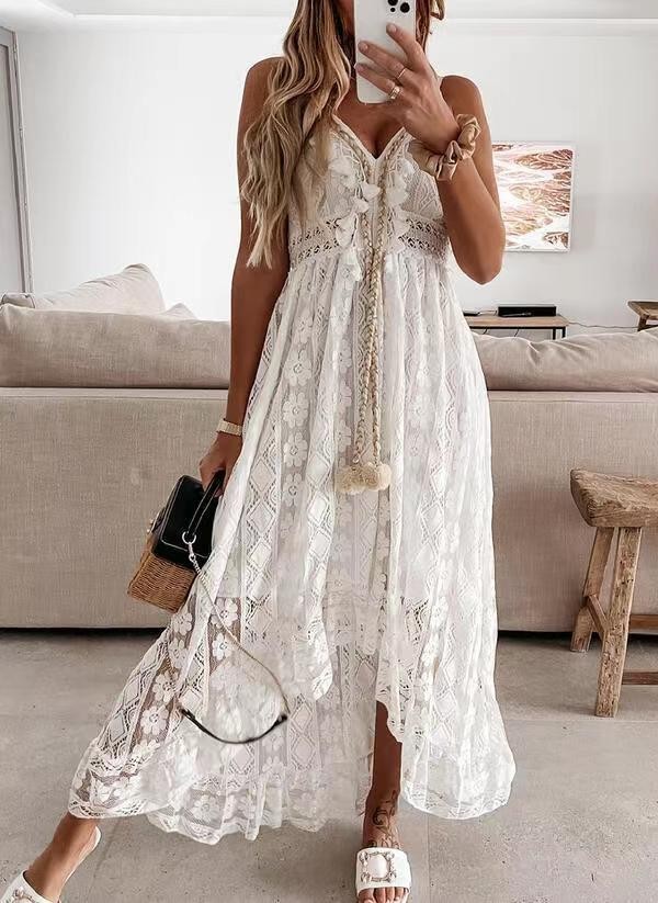 Women's Crochet Lace Maxi Dress Spaghetti Strap V Neck Cami Beach Boho Sundress