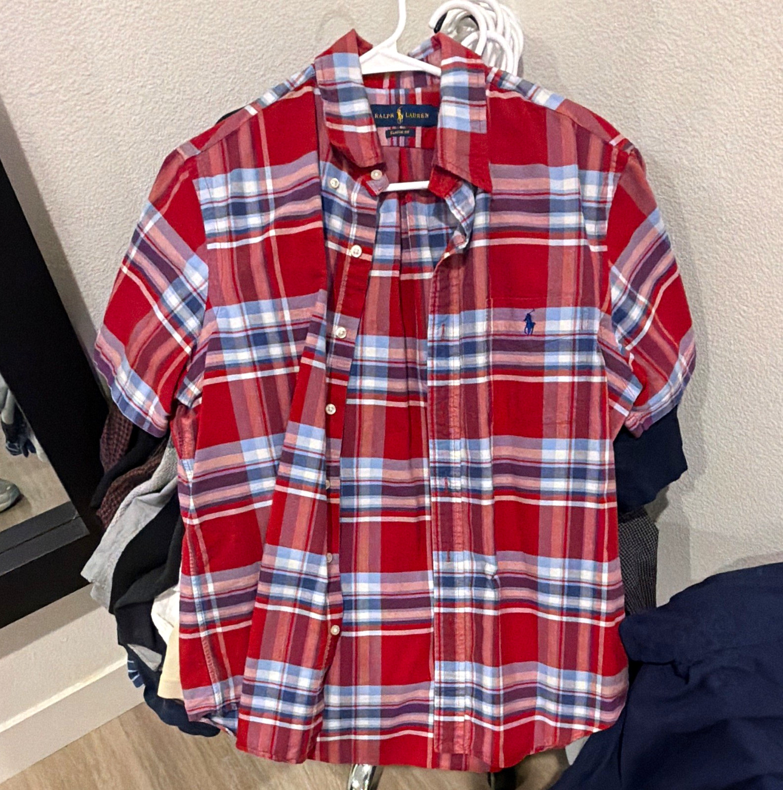 Ralph Lauren Classic Fit Plaid Red/Blue/White Short Sleeve Cotton Shirt L