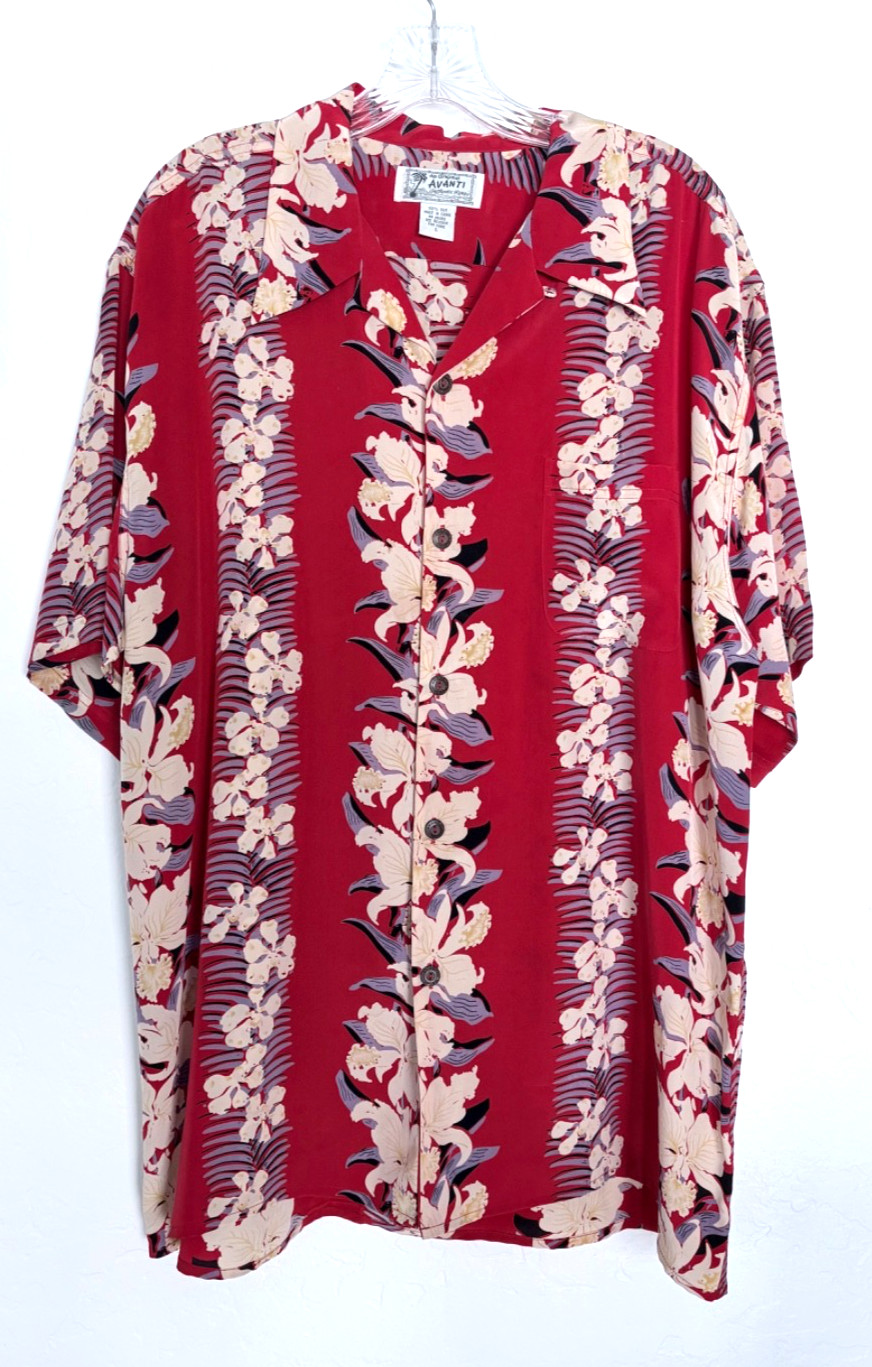 Vintage Mens L Avanti Camp Shirt 100% Silk Loop Collar Red Short Sleeve Floral