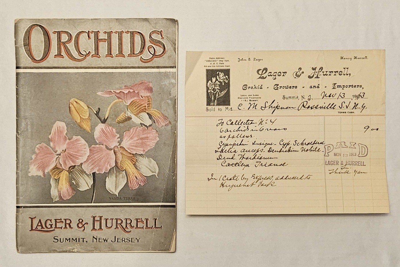 1912 Lager Hurrell Orchids Illustrated Catalog Summit NJ 1913 Paid Invoice