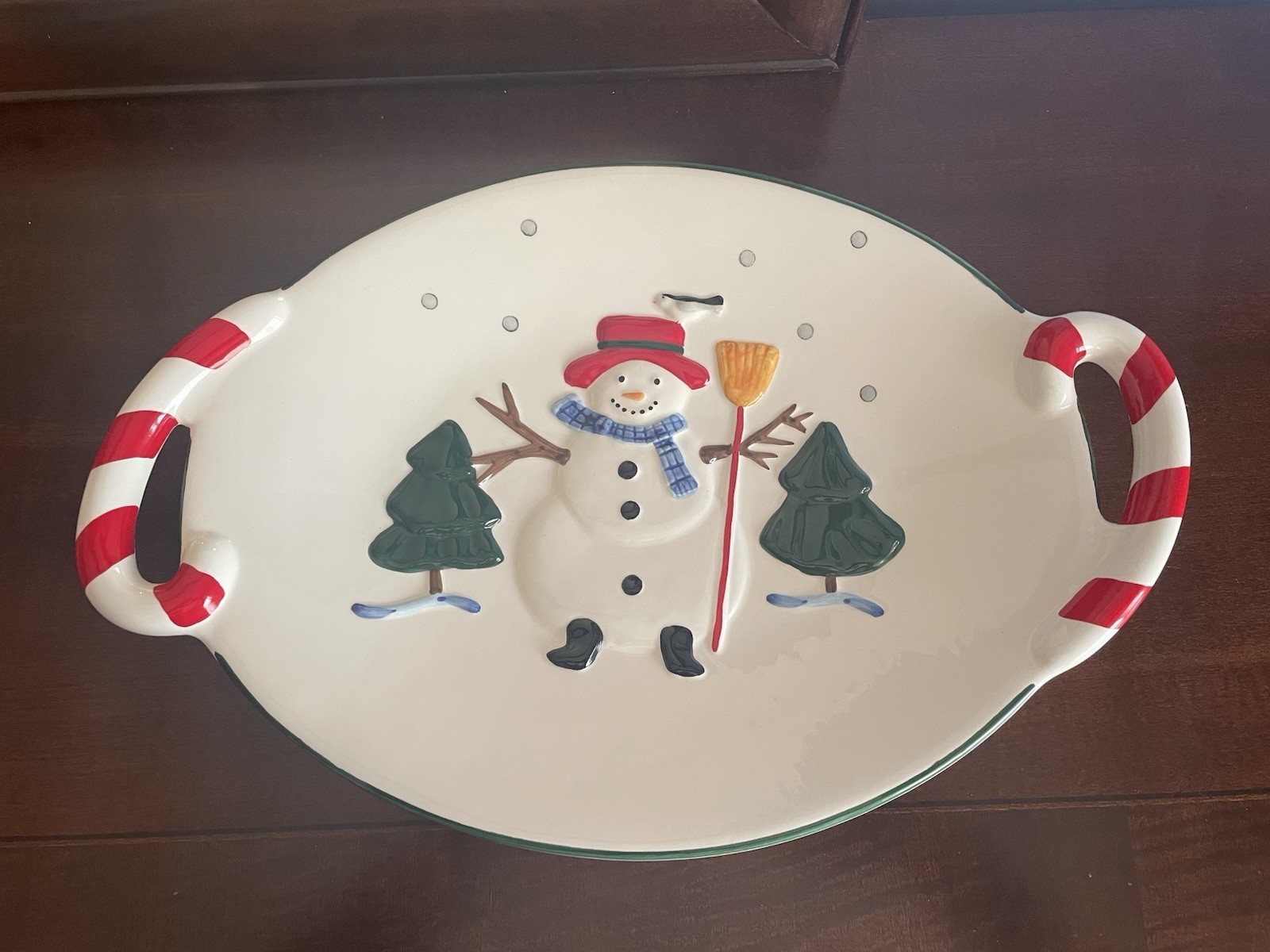 Pfaltzgraff Snow Village Sculpted Platter Candy Cane Handles Brand New Rare Pfaltzgraff Snow Village Sculpted Platter Candy Cane Handles Brand New Rare