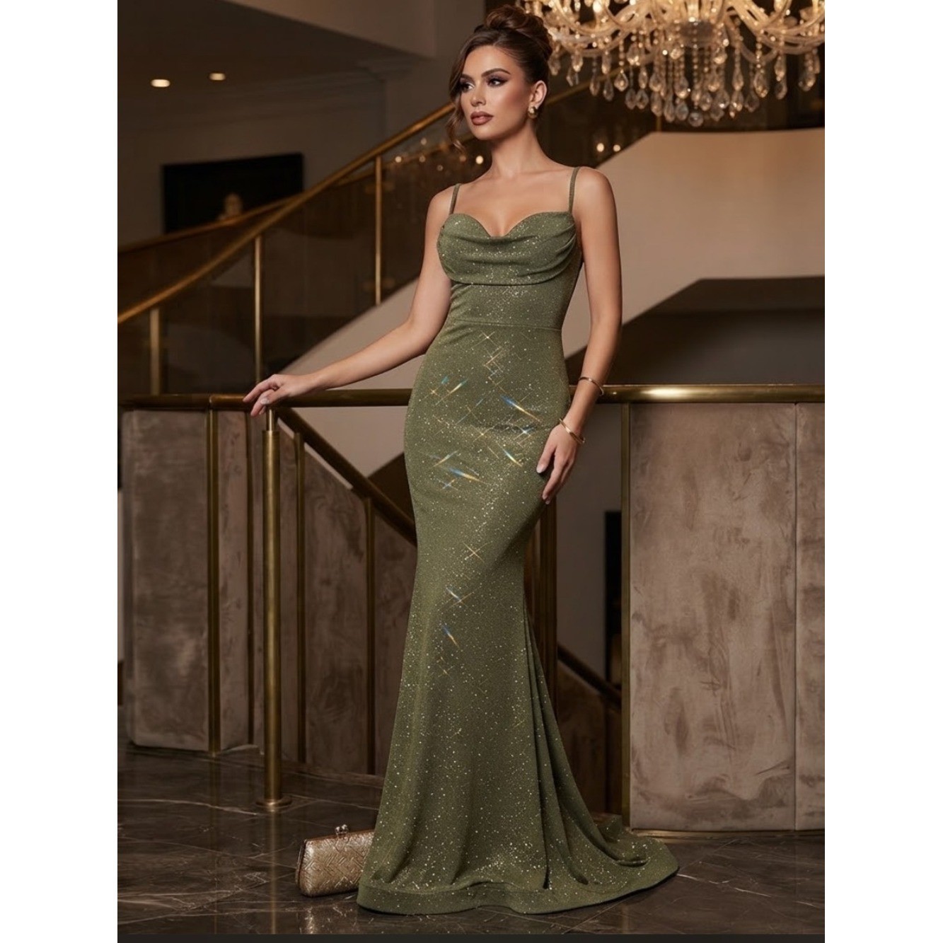 Windsor Olive Green Shimmer Sparkle Cowl Neck Long Mermaid Formal Dress Size Windsor Olive Green Shimmer Sparkle Cowl Neck Long Mermaid Formal Dress Size