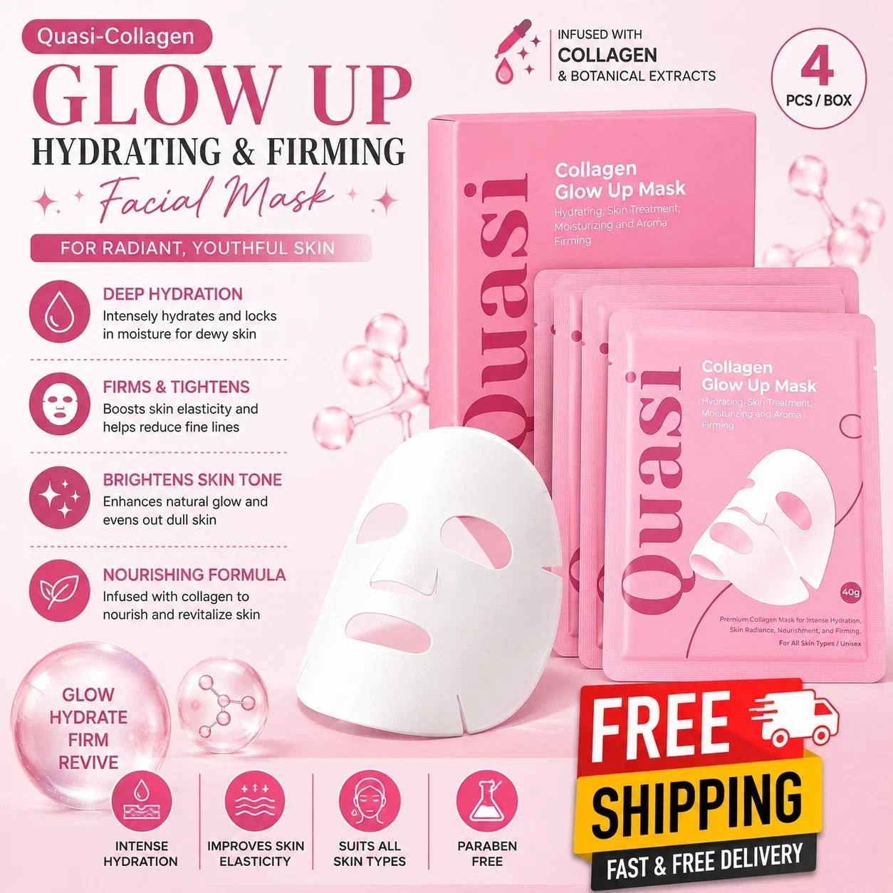 Quasi Hydrolyzed Collagen Face Mask – 4 Pcs. A convenient skincare treatment.