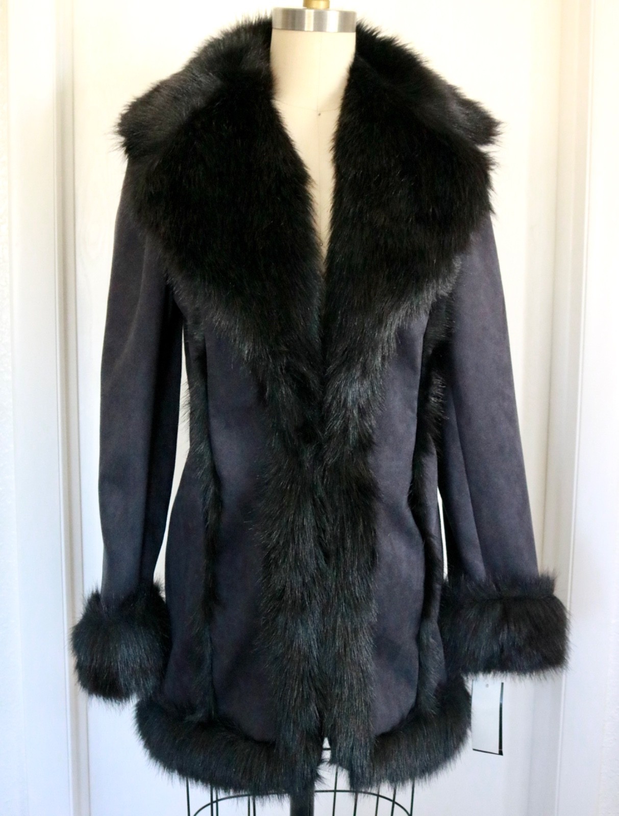 Vintage NWT Black Coat Penny Lane Boho Faux Fur Y2K Hippy SMALL INC Jacket
