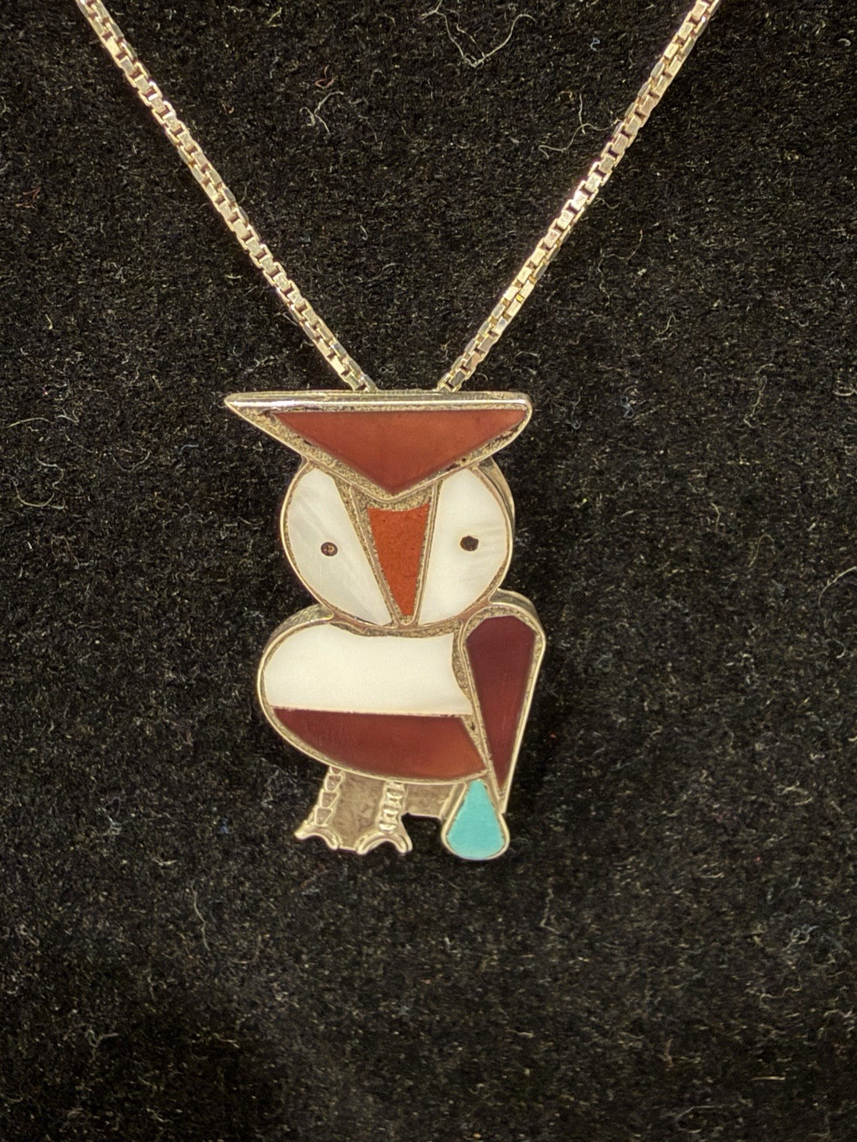 Vintage Zuni Sterling Silver Natural Multi Stone Inlay Owl Pendant Necklace 17”