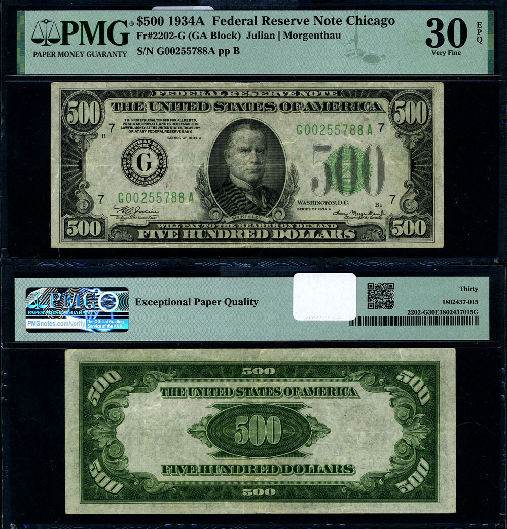 FR. 2202 G $500 1934-A Federal Reserve Note Chicago G-A Block PMG VF30 EPQ