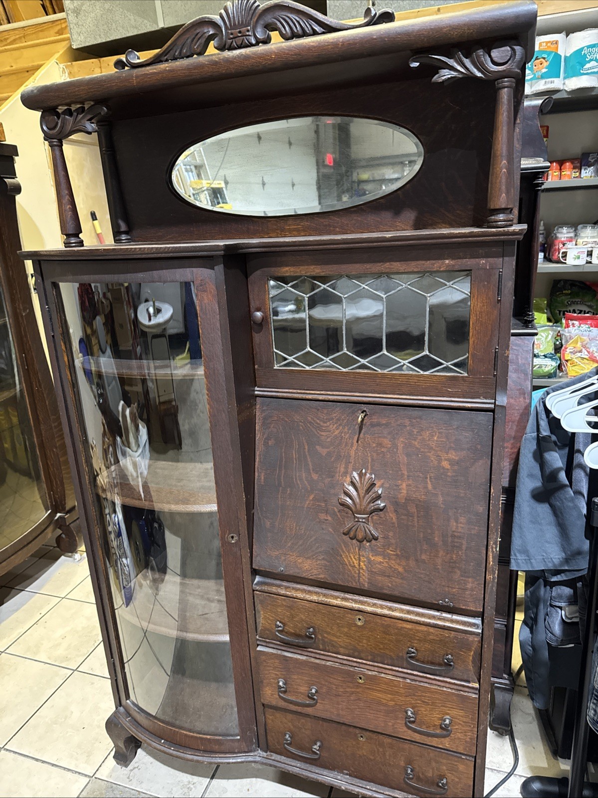 Victorian Oak SIDE BY SIDE BOOKCASE SECRETARY DESK Combo China Cabinet Vintage