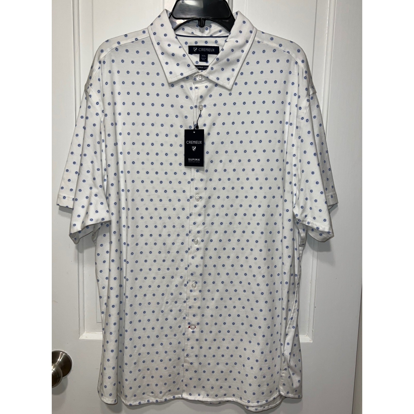 NWT Cremieux Mens XXL Supima Cotton Spandex White Blue Geometric Shirt