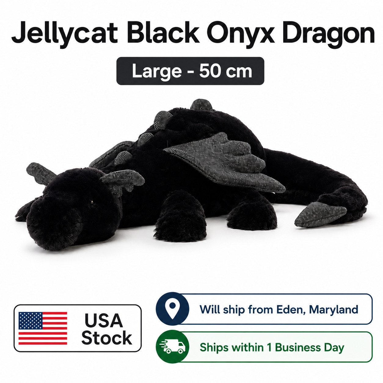 NEW Jellycat Black Onyx Dragon Plush - RETIRED RARE 50cm - New With Tags Gifts NEW Jellycat Black Onyx Dragon Plush - RETIRED RARE 50cm - New With Tags Gifts