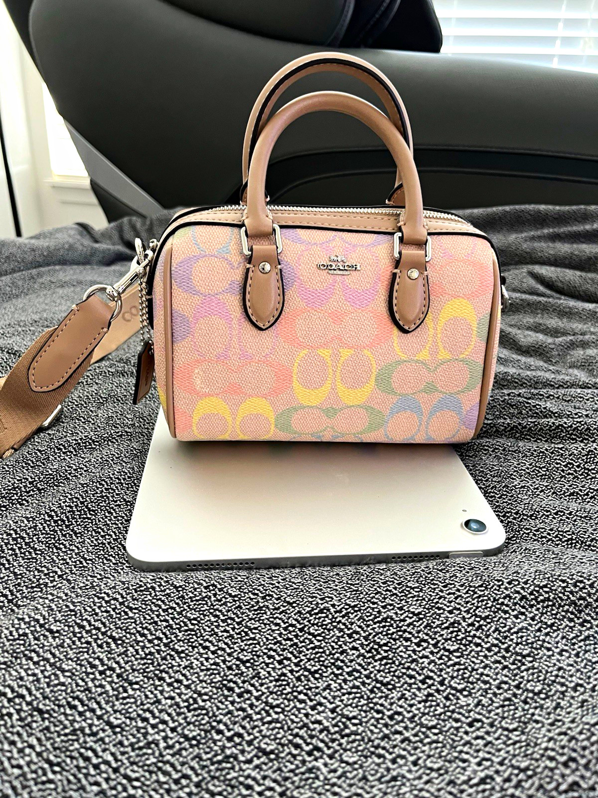 Coach Rowan Small Satchel Top Handle Beige/Multicolor Signature Logo Zip