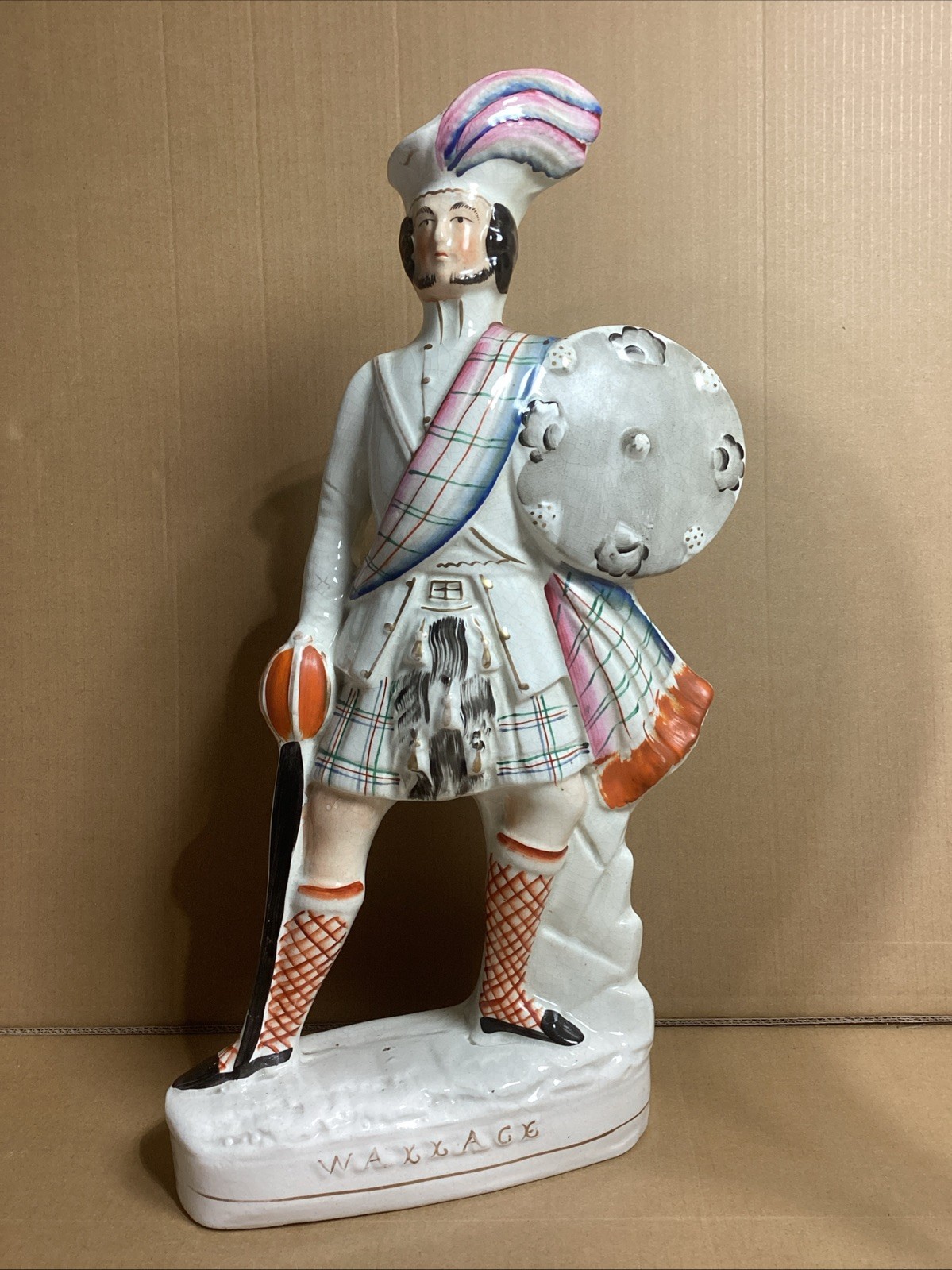 HUGE 17.25” Antique ENGLISH Staffordshire Wallace Scottish Tartan Kilt FIGURE HUGE 17.25” Antique ENGLISH Staffordshire Wallace Scottish Tartan Kilt FIGURE