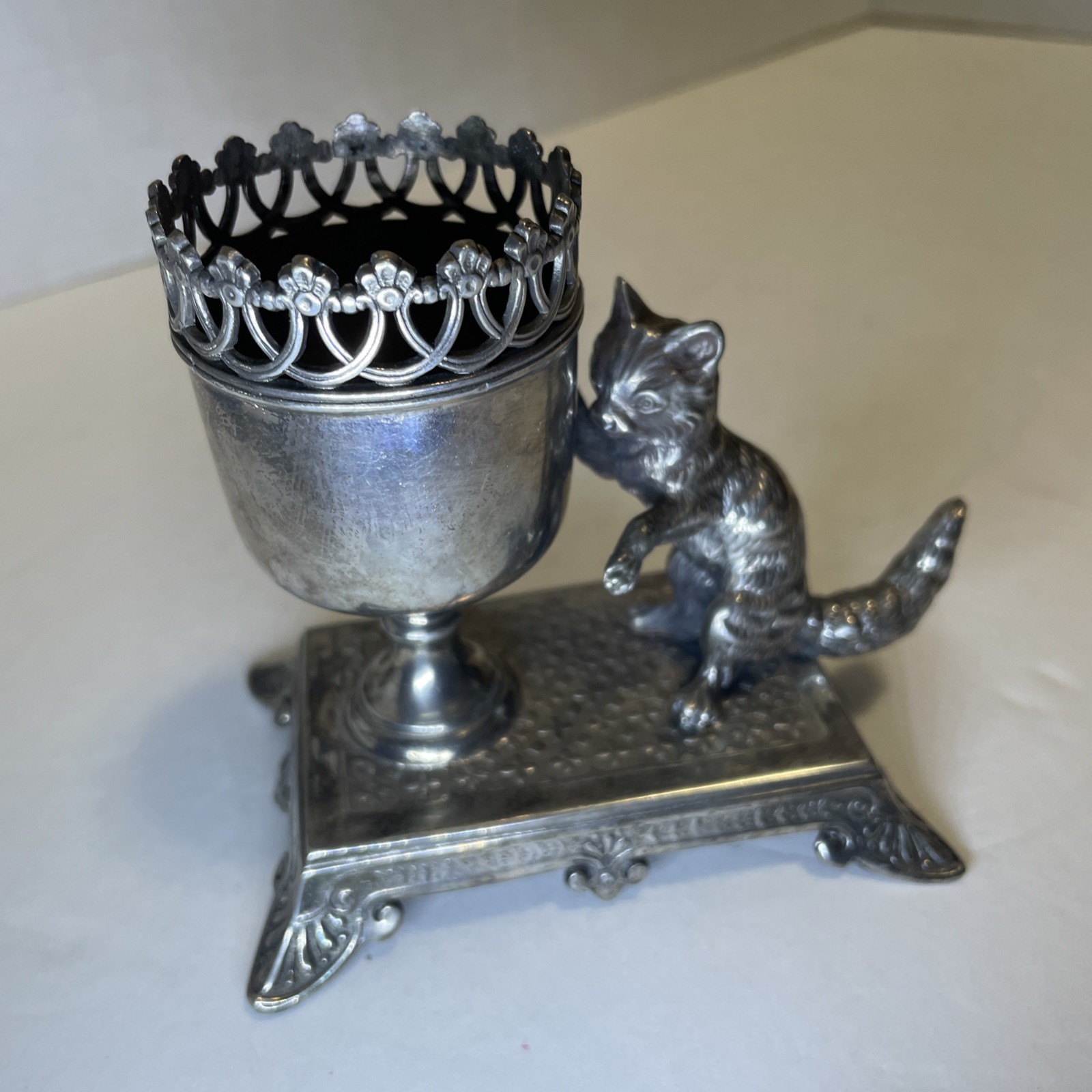 Antique Victorian James W Tufts Silver Co Figural Match/Toothpick Holder Cat Antique Victorian James W Tufts Silver Co Figural Match/Toothpick Holder Cat
